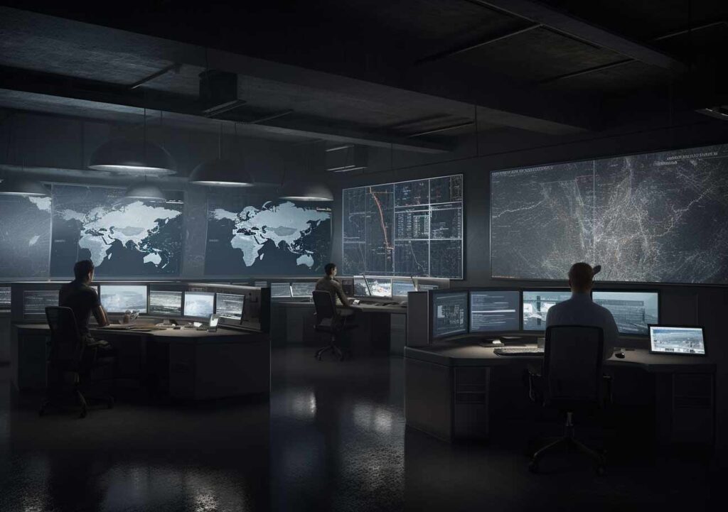 Individuals working at computer stations in a dimly lit control room with large iTracer world map displays on the wall.