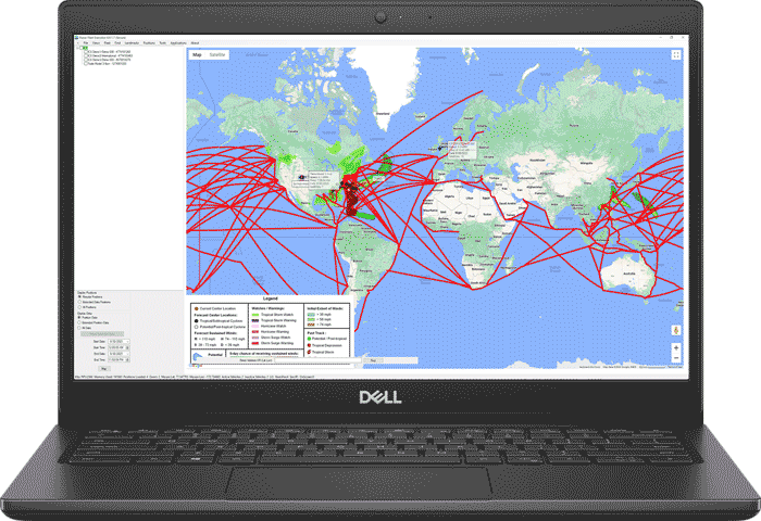 A laptop displaying a world map with numerous red lines representing network connections, travel routes, or global solutions.